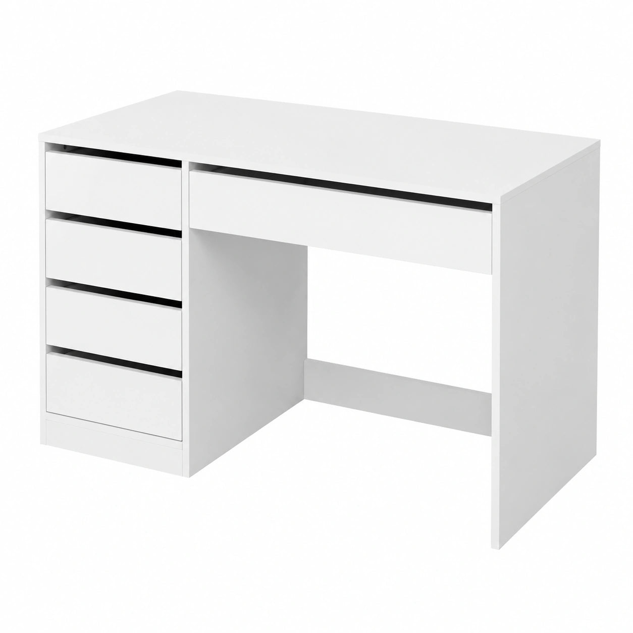 Escritorio Multifuncional con 5 Cajones, Mesa de Trabajo Moderna, Espacio Amplio de Almacenamiento, Ideal para Oficina, Estudio y Dormitorio, Blanco Brillante