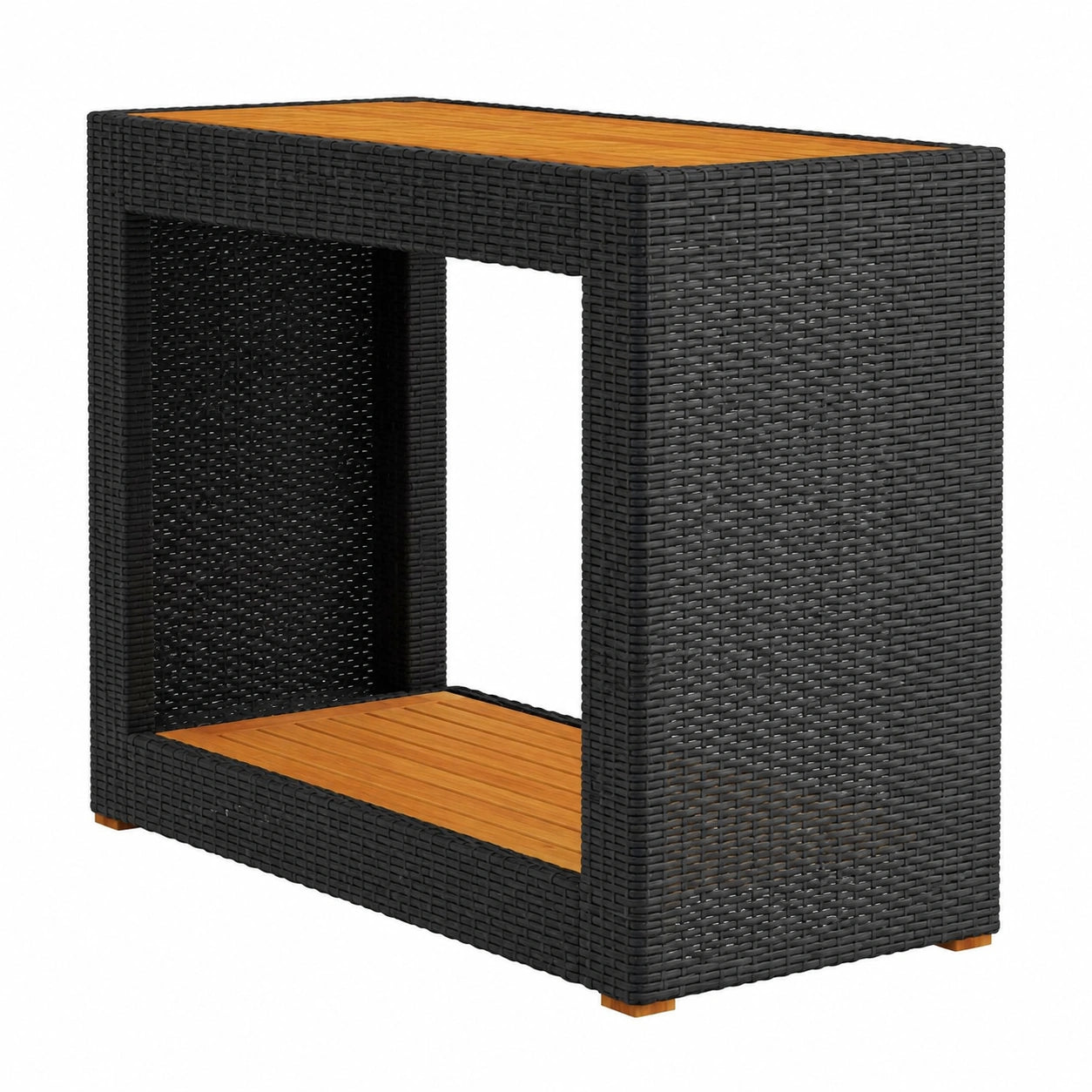 Mesa Auxiliar de Jardín de Ratán Negro con Tapa de Madera, Ideal para Terraza y Balcón